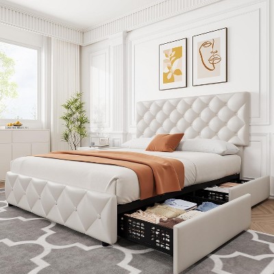 Full/Queen Size Upholstered Bed Frame with Adjustable Headboard and 4 Storage Drawers, Platform Bed with Wooden Slats Support