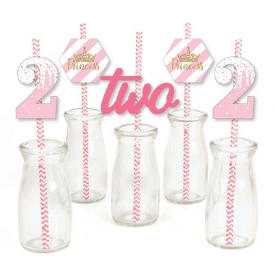 Big Dot of Happiness 2nd Birthday Little Princess Crown - Paper Straw Decor - Pink & Gold Second Birthday Party Striped Decorative Straws - Set of 24