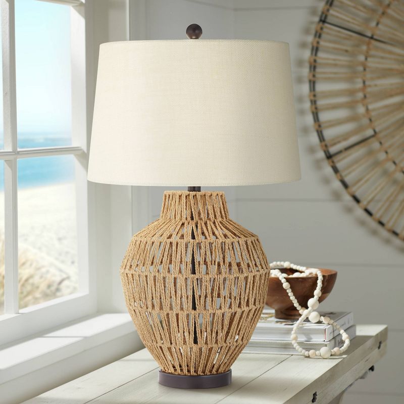 360 Lighting San Marcos Modern Coastal Table Lamp 27" Tall Natural Wicker Oatmeal Drum Shade for Bedroom Living Room Bedside Nightstand Office Kids, 2 of 10