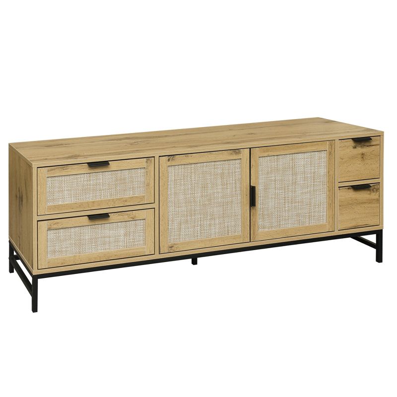59.09" Elegant Rattan TV Stand with Adjustable Shelves and Wood Grain Finish - ModernLuxe, 4 of 10