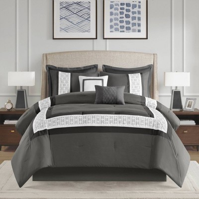 California King Dark Grey Microfiber Embroidered Comforter Set