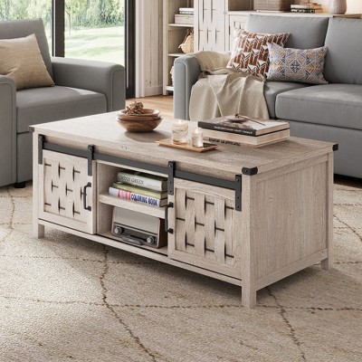Coffee Table with Storage & Sliding Barn Doors,Farmhouse Coffee Tables for Living Room