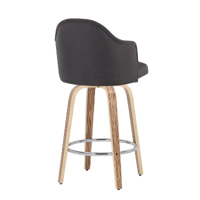 Zebra Wood & Chrome Swivel Counter Stool with Charcoal Fabric, Set of 2