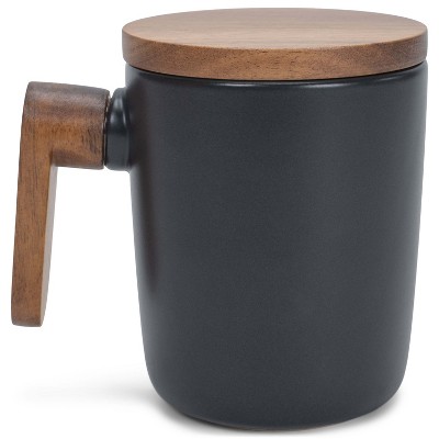 Nat & Jules Japanese Style Black 12 ounce Stoneware Wood Handled Mug With Coaster Lid