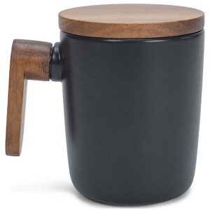 Nat & Jules Japanese Style Black 12 ounce Stoneware Wood Handled Mug With Coaster Lid - 1 of 1