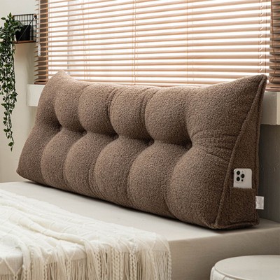 Soft Wedge Teddy Velvet Headboard Pillow w/ Side Pocket - PP Cotton Filled, Triangular Backrest Cushion for Dorm Bed