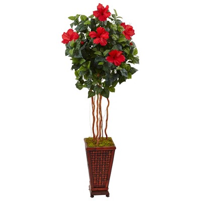 Nearly Natural 5-ft Hibiscus Artificial Tree in Decorated Wooden Planter