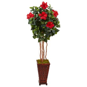 Nearly Natural 5-ft Hibiscus Artificial Tree in Decorated Wooden Planter - 1 of 1