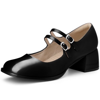 BLISSFUL STEP Women's Square Toe Ankle Strap Block Heels Mary Jane Pumps