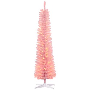 HOMCOM 5ft Tall Pencil Prelit Artificial Christmas Tree Holiday Décor with 250 Colorful Surface Branches, 150 Colorful LED Lights, Pink - 1 of 4