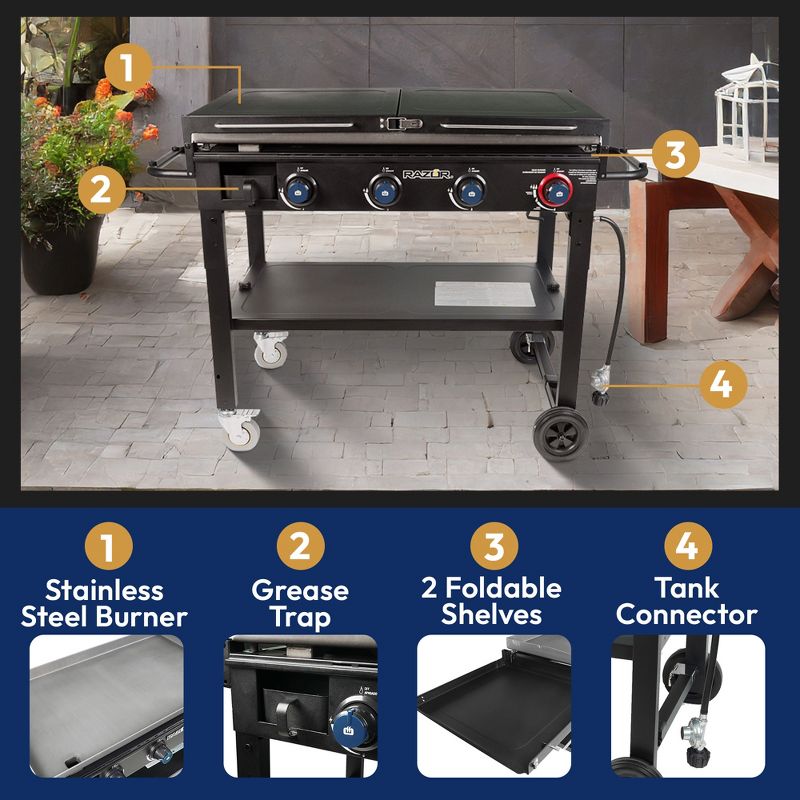 Razor Griddle Outdoor Steel Burner Propane Gas Grill Griddle with Wheels and Top Cover Lid Folding Shelves for Home BBQ Cooking, 3 of 8