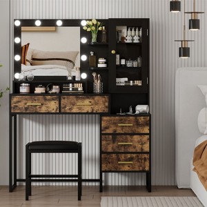 Makeup Vanity with Upholstered Stool & Charging Station, Vanity Desk with Mirror and Lights, Vanity Table Set with Jewelry Storage - 1 of 4