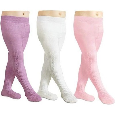 Image of Cozyway Cable Knit Cotton Leggings/Tights for Baby Girls, 3 Pack, White/Pink/Purple, 0-6 Months Old