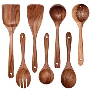 Itopfox Wooden Non-Stick Kitchen Utensil Set - 7-Piece Natural Teak Spatula, Spoon, Salad Fork, and More for Cooking and Serving - 1 of 4