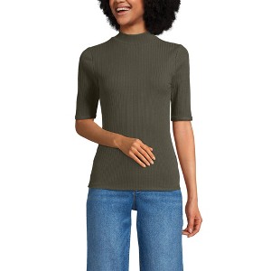 Lands' End Women's Elbow Sleeve Pointelle Rib Mock Neck - 1 of 4