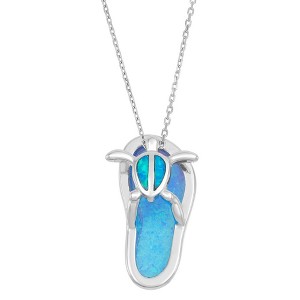 Opalata Sterling Silver Blue Inlay Opal Flip Flop with Turtle 18" Pendant Necklace - Blue - 1 of 2