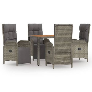 vidaXL 5 Piece Outdoor Patio Dining Set with Cushions, Weather-Resistant Gray Poly Rattan, Solid Acacia Wood Tabletop, Reclining Garden Chairs - 1 of 4