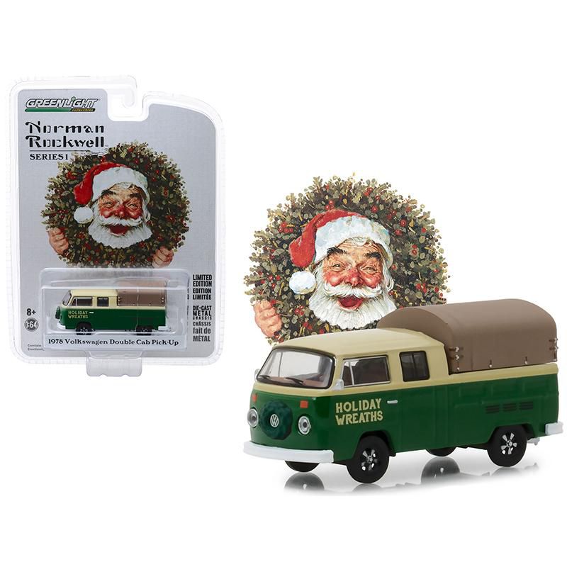 1978 Volkswagen Double Cab Pickup with Canopy "Holiday Wreaths" Green and Yellow 1/64 Diecast Model by Greenlight, 1 of 4