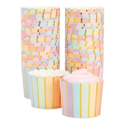 Blue Panda 50 Pack Pastel Rainbow Paper Cupcake Liners Wrappers, Gold Foil Muffin Baking Cups