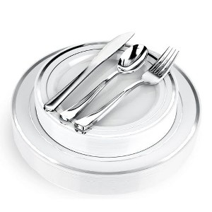 125-Piece White and Silver Plastic Disposable Dinnerware Set - 1 of 4