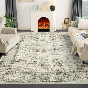 Vintage Distressed Large Living Room Rug for Bedroom, Oriental Soft Low-Pile Indoor Accent Carpet, Non-Skid, Machine Washable, Brown - 1 of 4