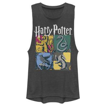 Juniors Womens Harry Potter Hogwarts Houses Vintage Collage Festival Muscle Tee