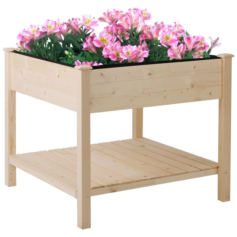 Outsunny 36'' x 36'' Raised Garden Bed with Storage Shelf, 2 Tiers Elevated Wooden Planter Box Stand for Vegetable Flower Herb, Patio and Balcony, 4 of 9