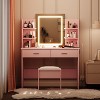 Acekool Vanity Desk with Lighted Mirror, Stool, Power Outlet, 6 Shelves, 2 Large Drawers, 3-Color Adjustable LED, Makeup Vanity for Bedroom, Pink - 4 of 4