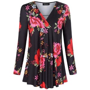 Women's Plus Size Long Sleeve V Neck Tunic Tops Pleated Flowy Tee Shirt Causal Loose Blouse, Red Flower, 5XL - 1 of 4