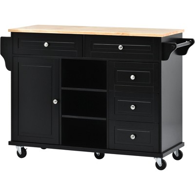 Bella Depot 53" Rolling Kitchen Island with Rubber Wood Top and 5 Drawers