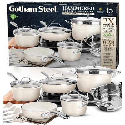 Cream Hammered 15-Piece Ceramic Nonstick Cookware Set with Utensils