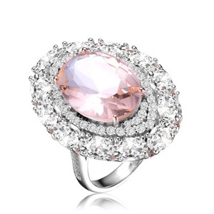 Guili Sterling Silver Rhodium-Plated Morganite Oval Ring with Clear CZ Halo, Available in Sizes 6, 7, 8, 9, Elegant Jewelry for Timeless Style - 1 of 3