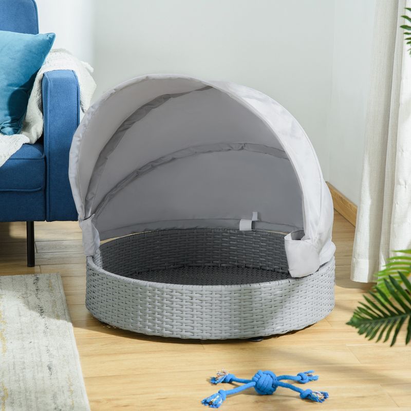 PawHut Wicker Dog Bed Rattan Pet Sofa with Adjustable Canopy Pet House Shelter for Small Dogs with Cushion Indoor Outdoor, Gray, 2 of 7