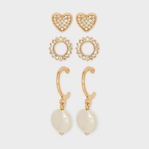 Stud Pearl Heart Clear Stones Gold Earrings 3pc - A New Day™ Gold - 1 of 2