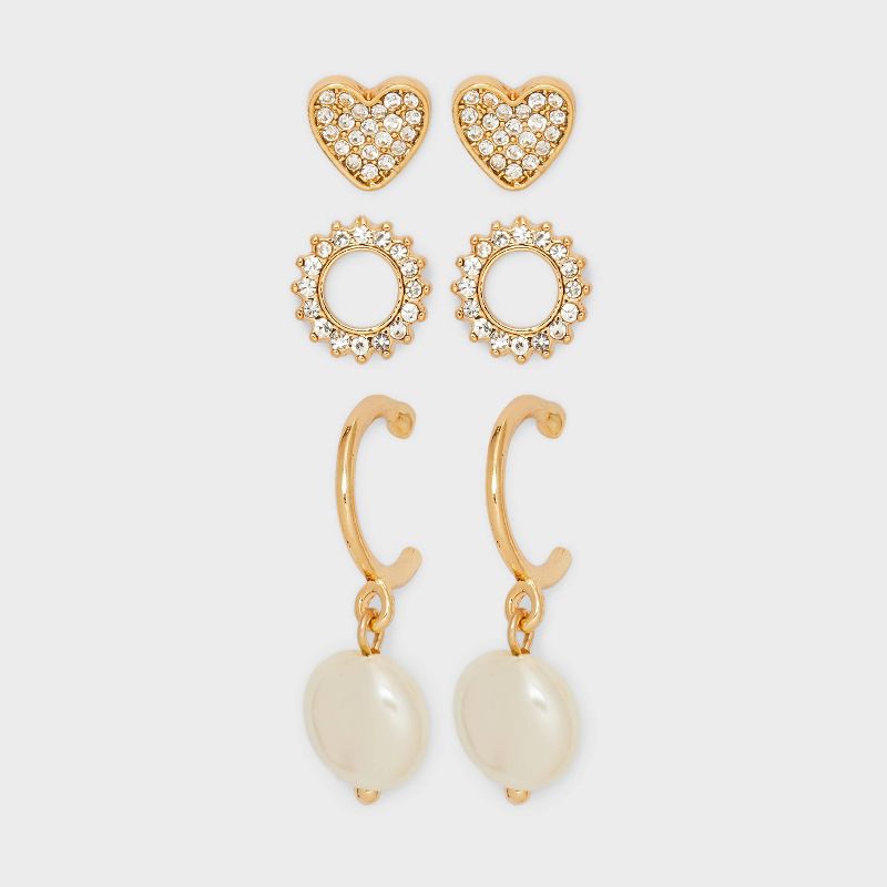 Stud Pearl Heart Clear Stones Gold Earrings 3pc - A New Day&#8482; Gold, 1 of 3