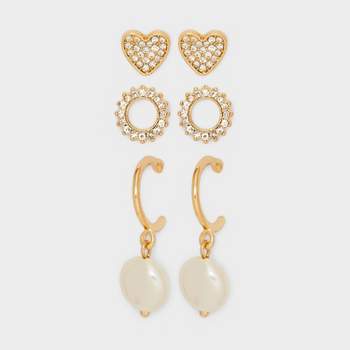 Stud Pearl Heart Clear Stones Gold Earrings 3pc - A New Day™ Gold