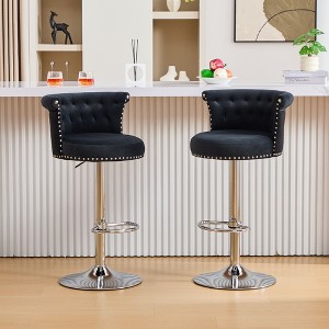 Velvet Adjustable Swivel Bar Stools Set of 2 with Metal Legs and Chrome Nailhead for Kitchen, Dining Room, or Counter - 1 of 4