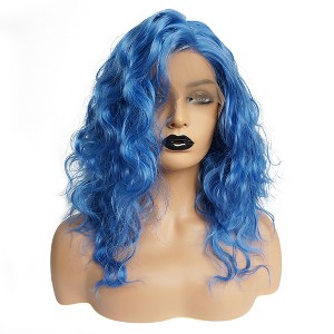 Unique Bargains Women's Halloween Medium Long Fluffy Curly Wavy Lace Front Wigs with Wig Cap 14" Blue 1PC - 1 of 4