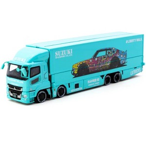 Mitsubishi Fuso Truck with Transporter Light Blue with Graphics 1/64 Diecast Model Car by Tarmac Works - 1 of 4