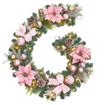 6-foot illuminated Christmas wreath, berry red poinsettia, suitable for indoor and outdoor decorations, fireplaces, staircases, holiday decorations.