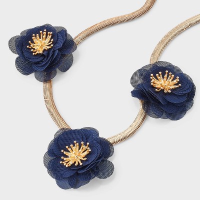 Fabric Flower Curb Chain Necklace - A New Day™ Navy/Gold: Polyester Floral Bib with Lobster Claw Clasp, 16" Length