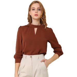 INSPIRE CHIC Women's Office Keyhole Elegant Stand Collar Long Sleeve Back Neck Button Blouse - 1 of 4