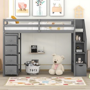 RISOKEYS Twin Size Loft Bed with Storage Drawers and Stairs - Wooden Loft Bed with Shelves, Wood Bed Frame for Kids, Teens and Adults, Gray - Twin - 1 of 4