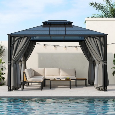 VYNXARIA 10*12 Outdoor Gazebo,Heavy Duty Double Roof Patio Gazebo with Aluminum Frame,Double-Layer Side Walls Mosquito Netting&Privacy Curtains,Gray