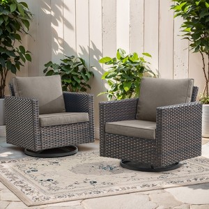 POCASSY Square Armrest Outdoor Swivel Rocker Patio Chairs Set of 2, Brown Wicker Furniture Swivel Patio Chairs for Porch, Poolside, Deck - 1 of 4