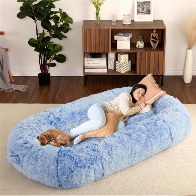 Human-Sized Dog Bed for Adults – 71" x 43.3" x 10" Large Washable Faux Fur Bed with Storage Pockets & Anti-Slip Bottom for Pets and Kids, Blue
