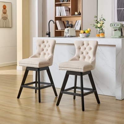 DOMETOUR Swivel Velvet Barstools with Wooden Legs and Chrome Nailhead Trim Button Tufted Bar Chairs Bar Stools Set of 2