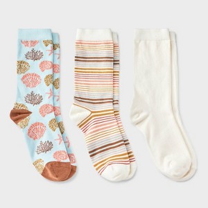 Women's Coastal 3pk Crew Socks - A New Day™ Aqua/Ivory/Coral 4-10: Tagless, Smooth Toe Seams, Lightweight Knit - 1 of 3