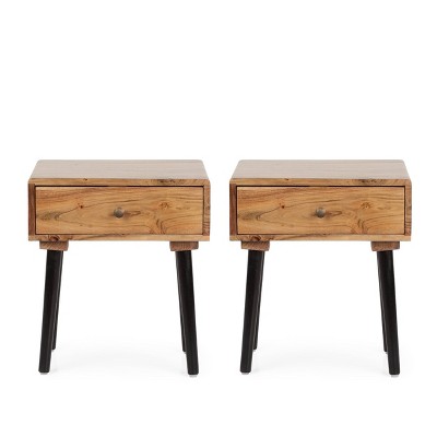 Set of 2 Uvalda Handcrafted Mid-Century Modern Wooden Side Tables with Drawer Natural/Black - Christopher Knight Home