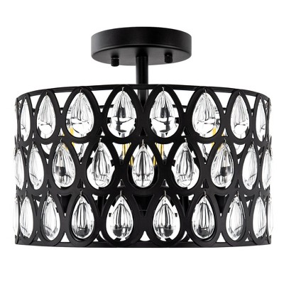YANSUN 3-Light Matte Black Semi-Flush Mount Ceiling Light with Teardrop Crystal Accents, E12 Base